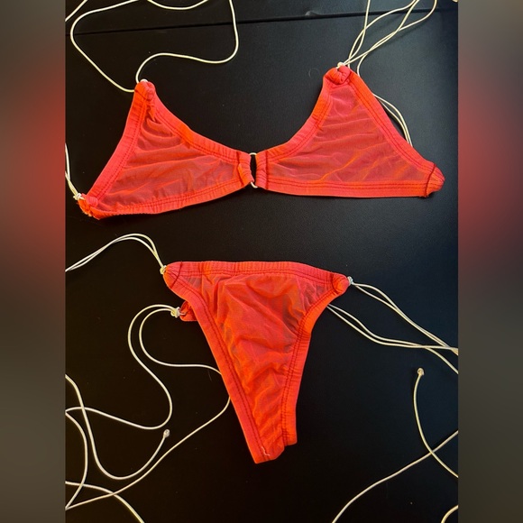 NWOT Sexy Skimpy Neon Orange Mesh Bandeau Triangle Top Thong Bottom Bikini - Picture 1 of 5